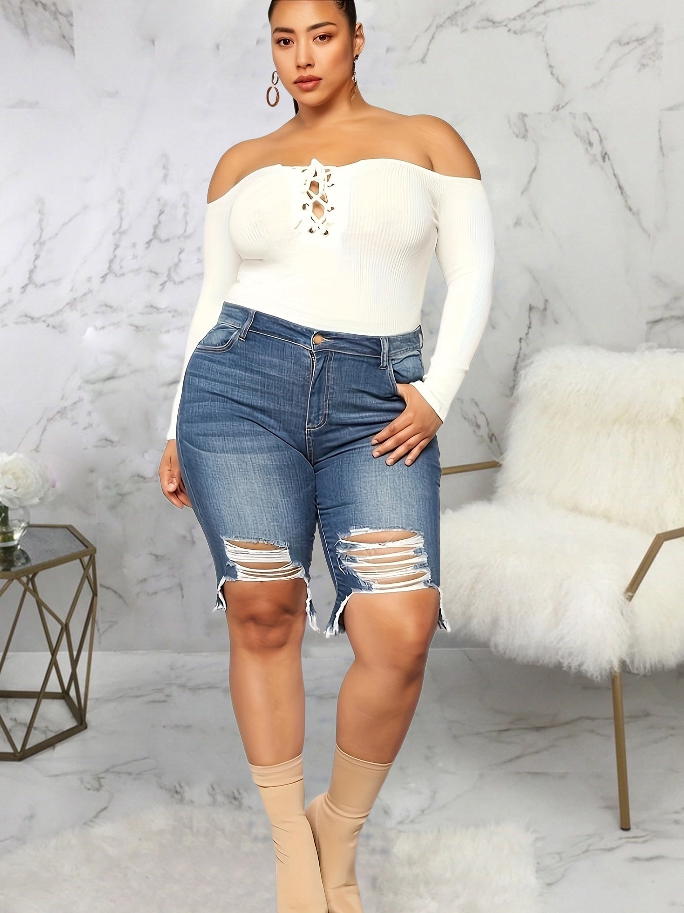 Distressed Denim Shorts Medium Stretch Jean Shorts
