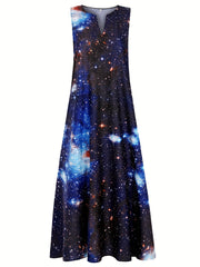 Galaxy Print V Neck Tank Dress Casual Sleeveless Dress For Spring & Summer