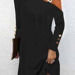Plus Solid Metal Decor One Shoulder Dress