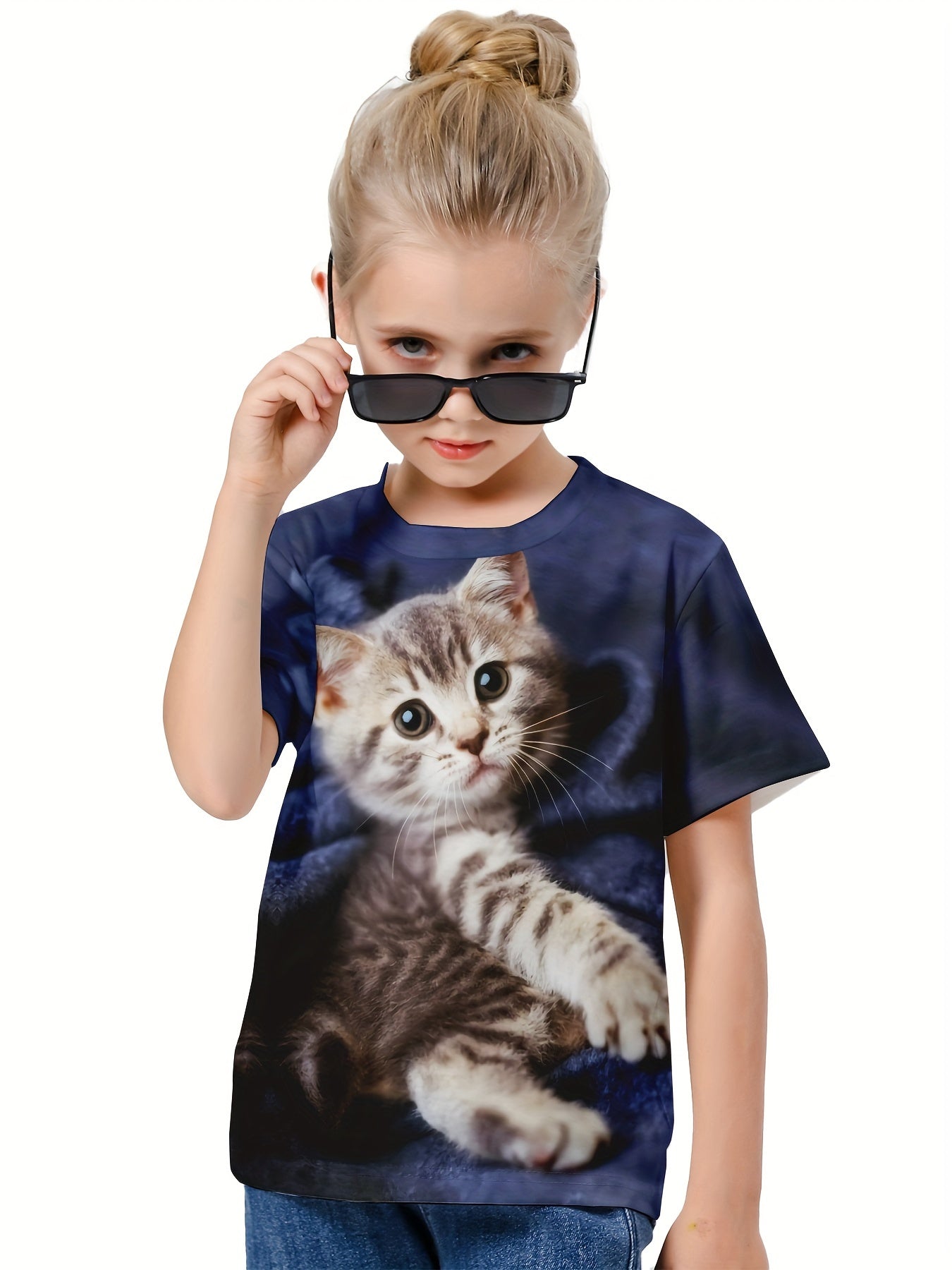 3D Cat Graphic Short Sleeve T-shirt Breathable Pullover Tops