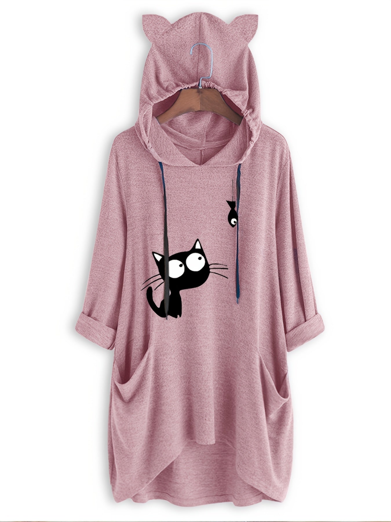 Cat Print Drawstring Hoodie Casual Long Sleeve Sweatshirt