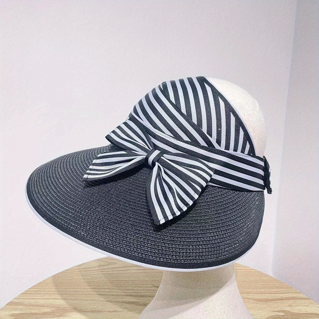 Striped Ponytail Sun Hat Straw Visor Bowknot Beach Hat for Women