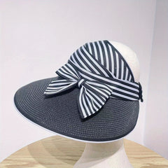 Striped Ponytail Sun Hat Straw Visor Bowknot Beach Hat for Women