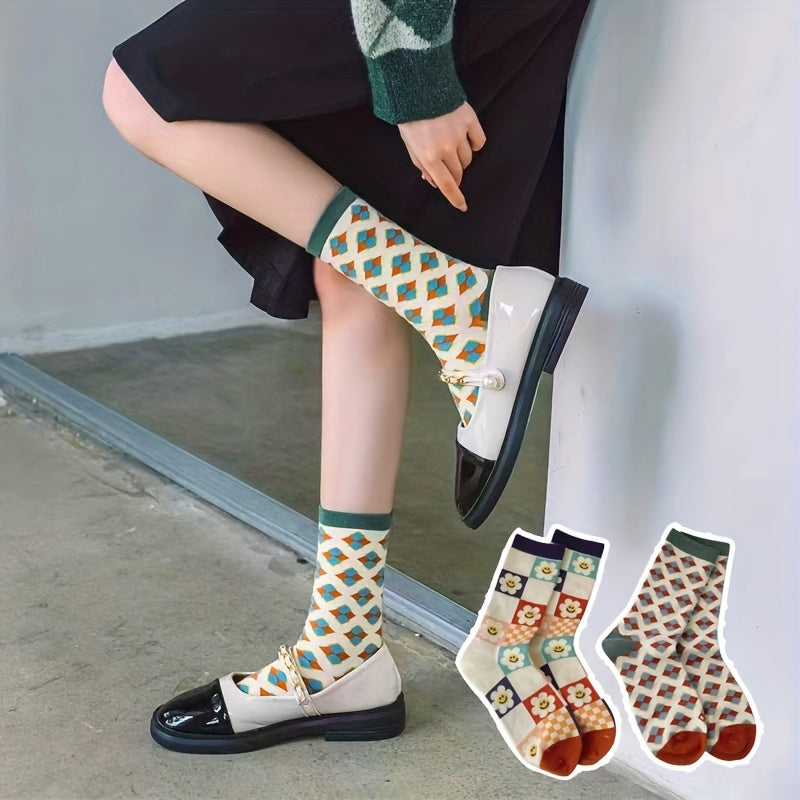 Girls Kids Checkered Small Flower Crew Socks