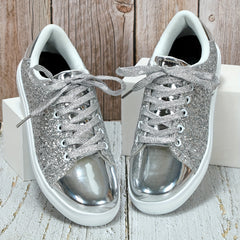 Glitter Faux Leather Flat Skate Shoes Lace Up Sneakers