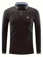 Men's Wolf Head Print Polo Shirt Casual Breathable Long Sleeve Shirt