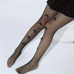 Bow Decor Fishnet Tights Hollow Out High Waist Mesh Pantyhose