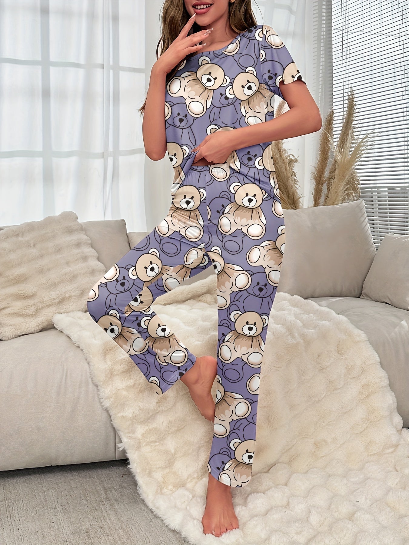 Bear Print Pajama Set Short Sleeve Top & Lounge Pants