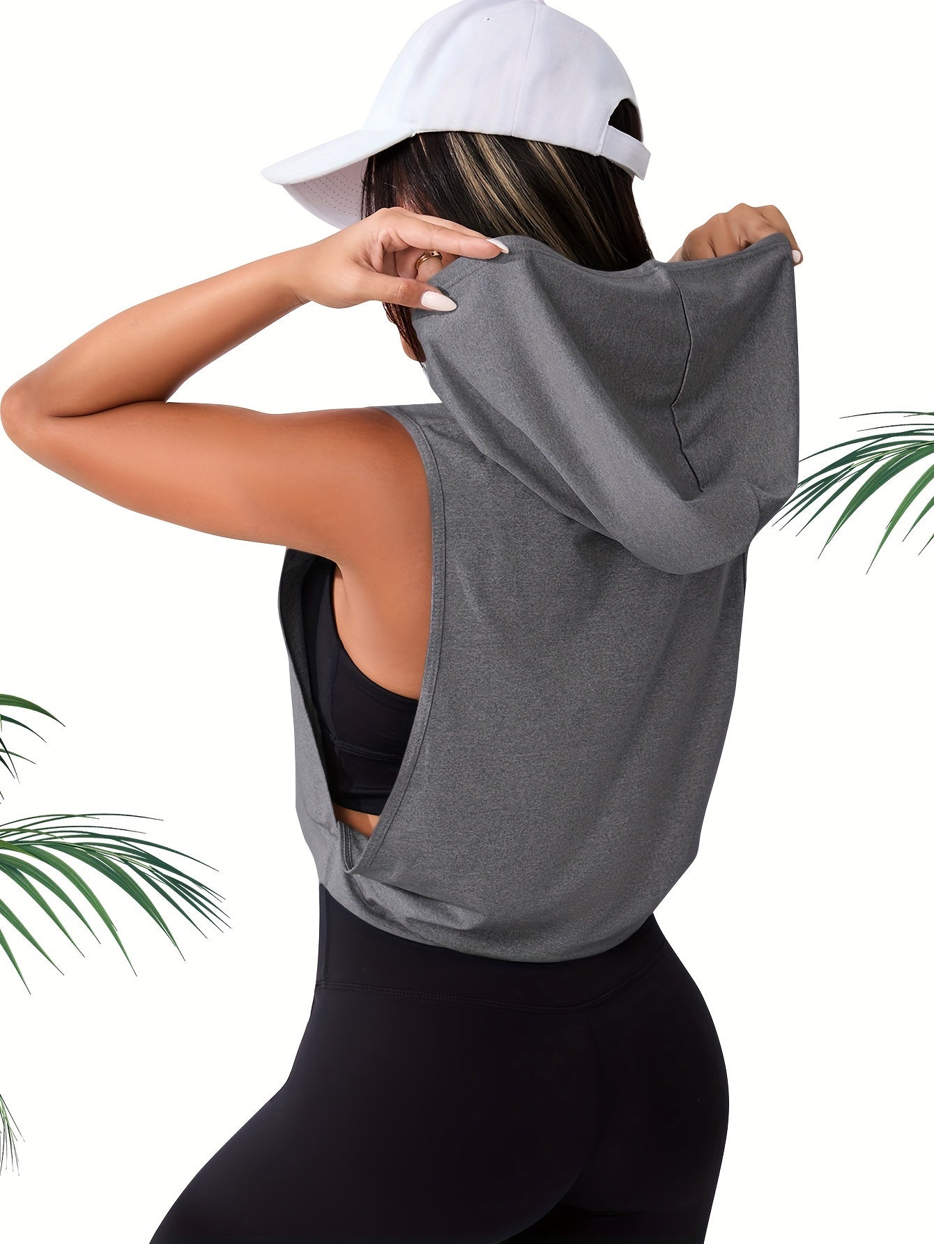 Solid Sports Hooded Tank Top Fitness Running Vest T shirt Women's Activewear