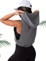 Solid Sports Hooded Tank Top Fitness Running Vest T shirt Women's Activewear
