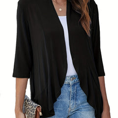 Casual Cardigan Women's Solid Half Sleeve Ruffle Trim Open Front