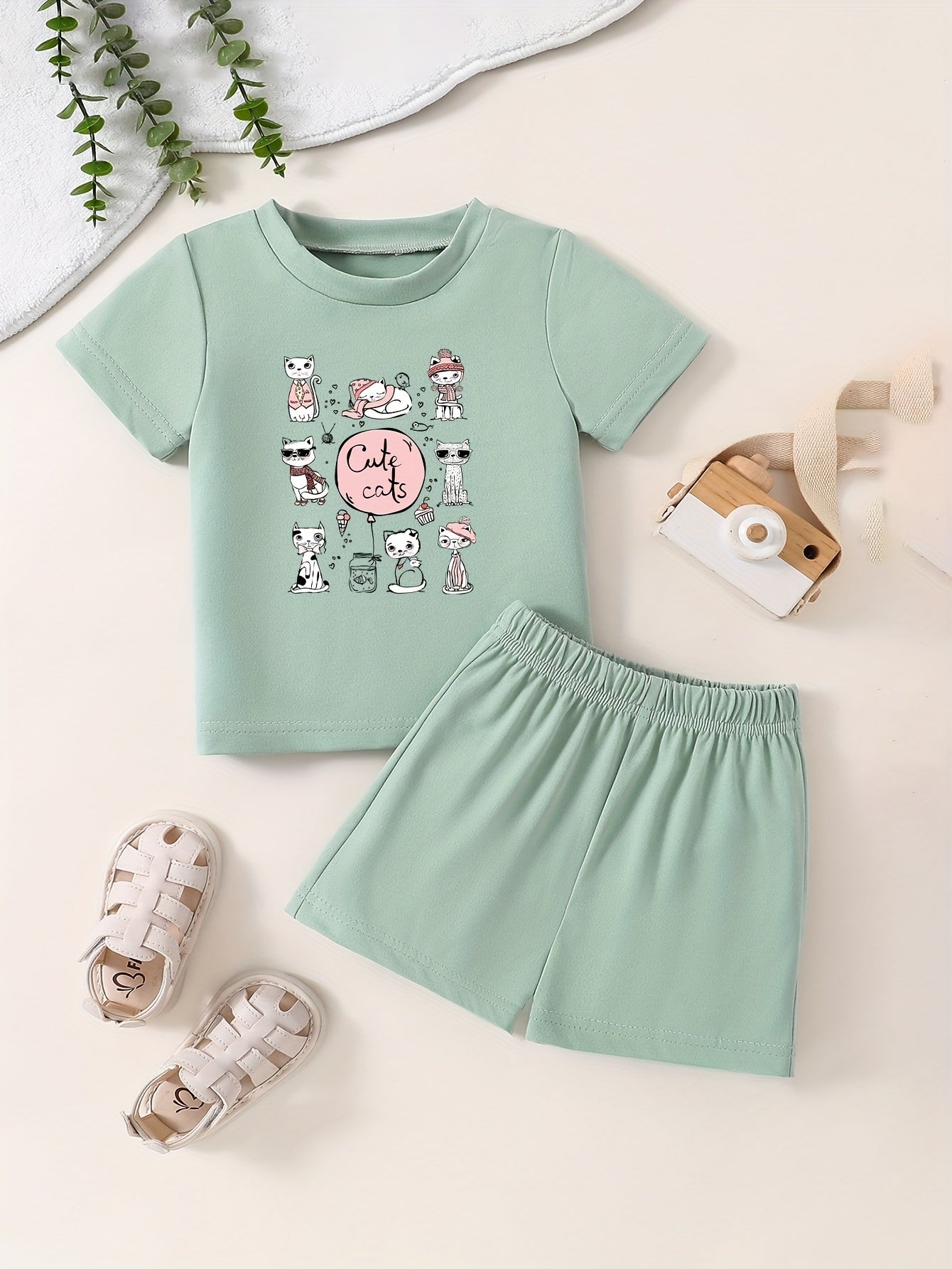 Toddler Short Sleeve T shirt & Shorts Set Cartoon Pattern Comfy Summer Outfit