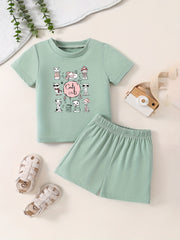 Toddler Short Sleeve T shirt & Shorts Set Cartoon Pattern Comfy Summer Outfit