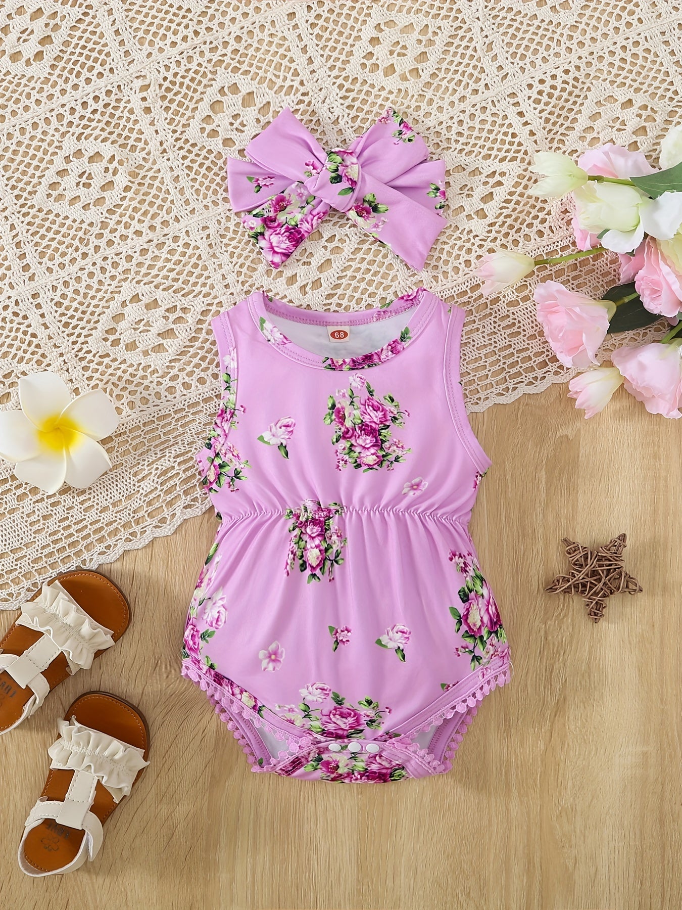 2pcs Baby Girls Floral Onesie Romper & Headband Set