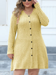 Ribbed Button Decor Long Sleeve V Neck Dress