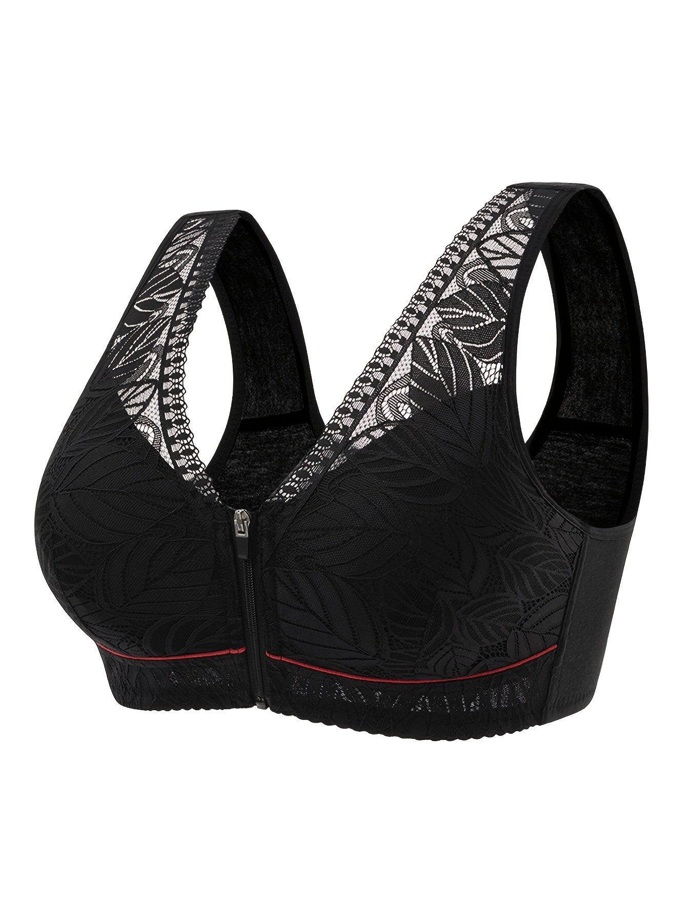 2 Pack Leaf Lace Zipper Front Full Cover Bra Set Plus Size