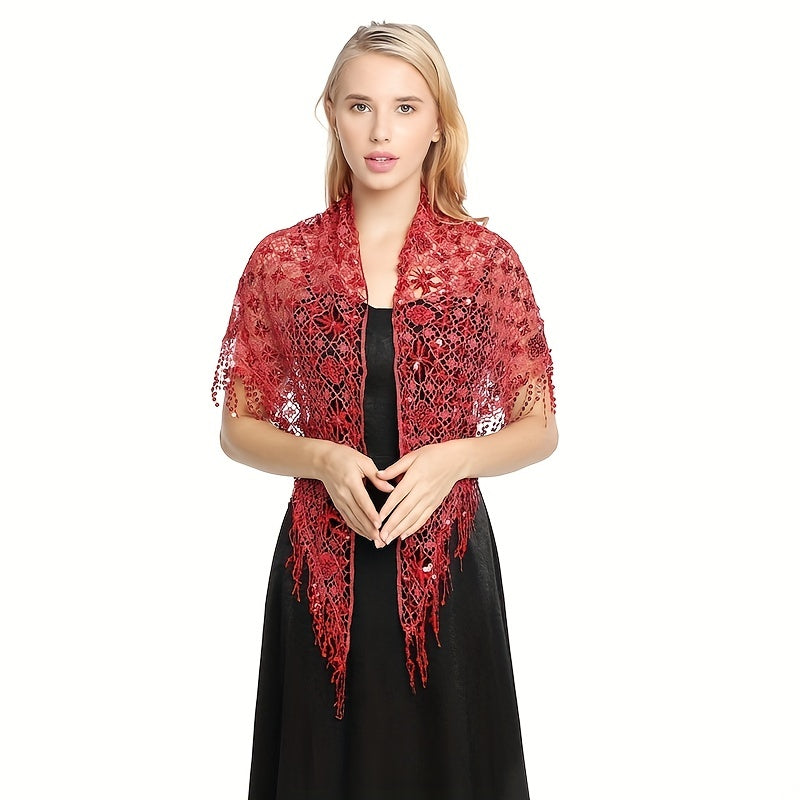 Sequin Decor Triangle Scarf Floral Hollow Out Solid Shawl