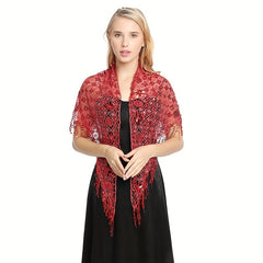 Sequin Decor Triangle Scarf Floral Hollow Out Solid Shawl