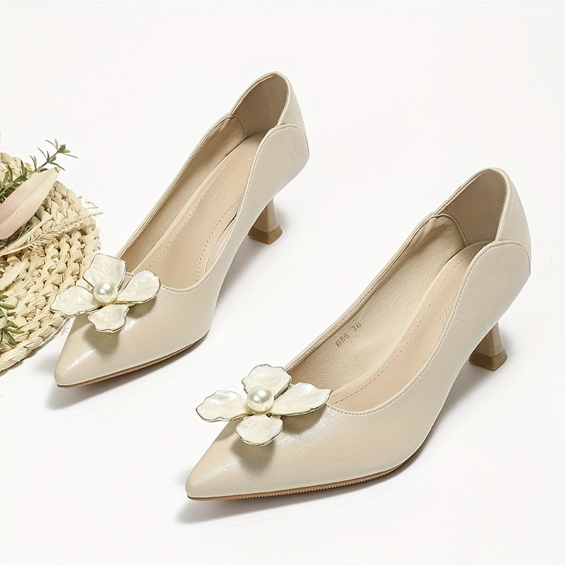 Pointed Toe Kitten Heels Flower Pearl Slip On Low Heels Work Shoes