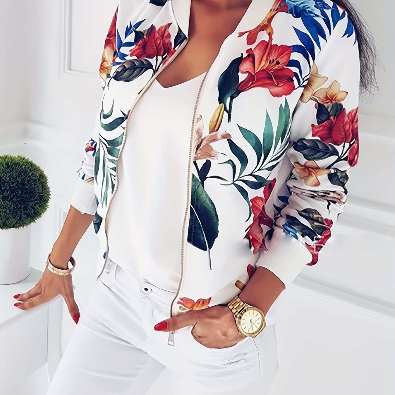 Floral Print Zip Up Jacket Casual Long Sleeve Jacket