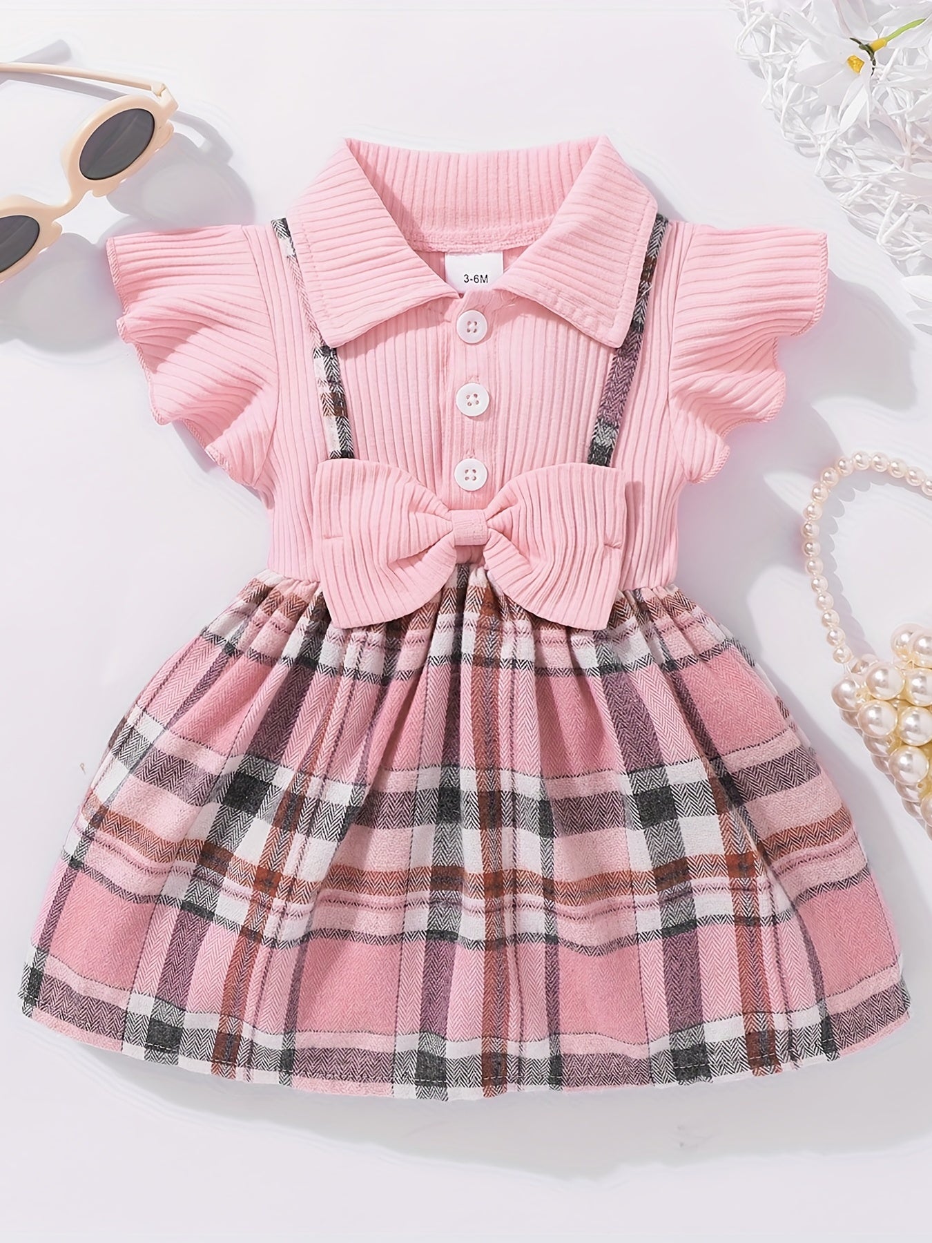 Girl's Casual Plaid Bowknot Flutter Sleeve Dress