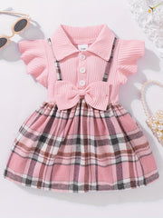 Girl's Casual Plaid Bowknot Flutter Sleeve Dress