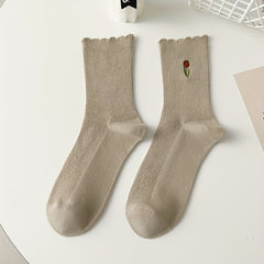 5 Pairs Floral Print Socks Comfy & Scallop Trim Women's Stockings