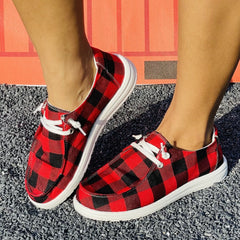 Christmas Red Plaid Pattern Flat Shoes Women's Casual Lightweight Soft
