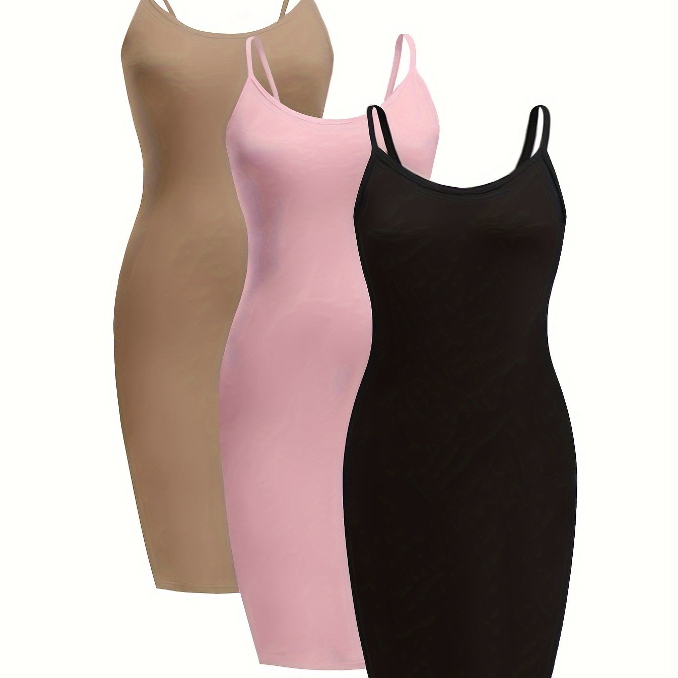 3 Pack Plus Size Basic Dress Set Solid Round Neck Slim Fit Cami Dress