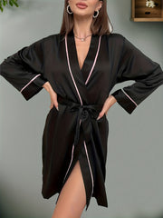 Long Sleeve V Neck Satin Night Robe with Belt