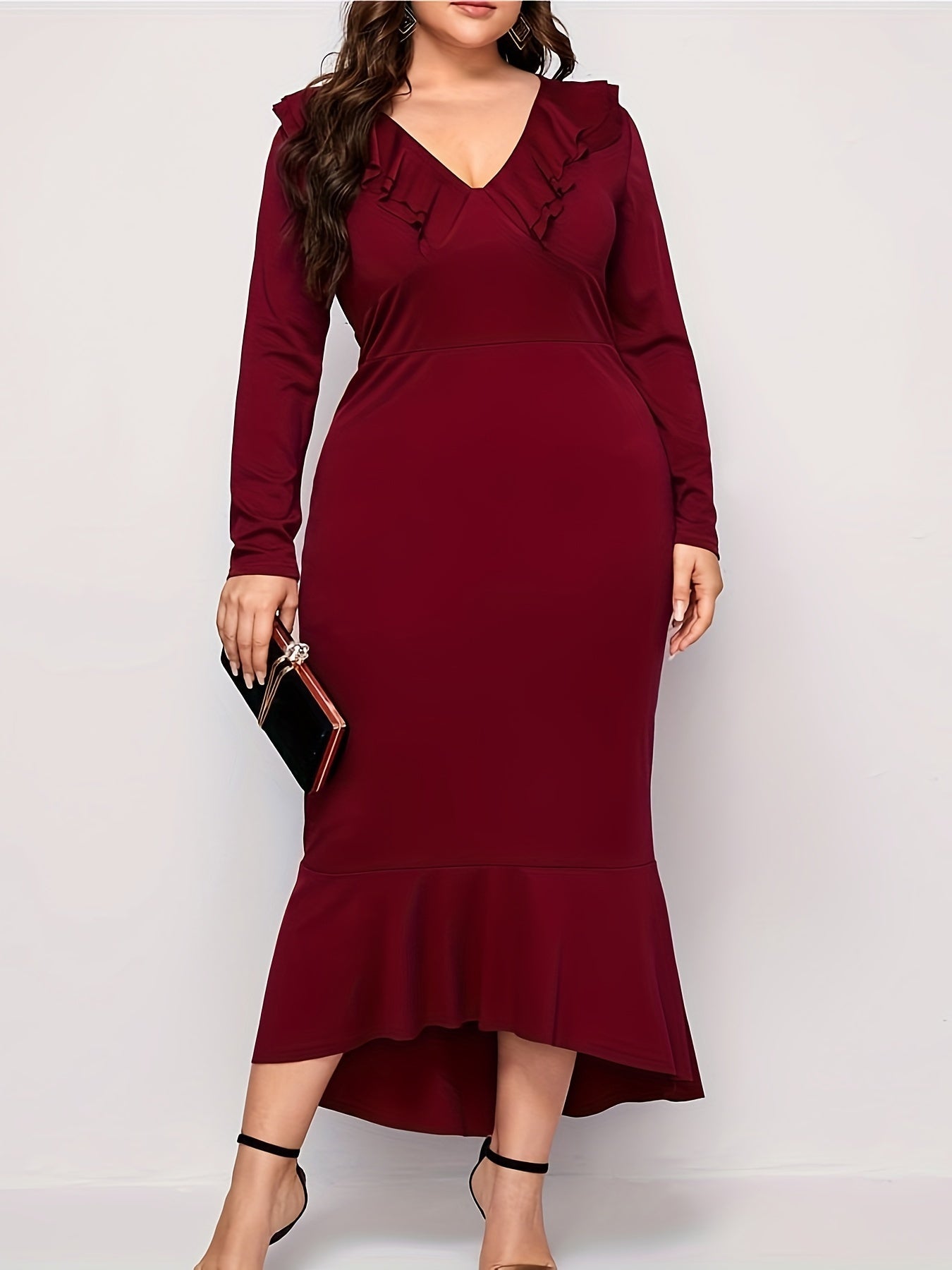 Solid Ruffle Trim V Neck Stretch Dress