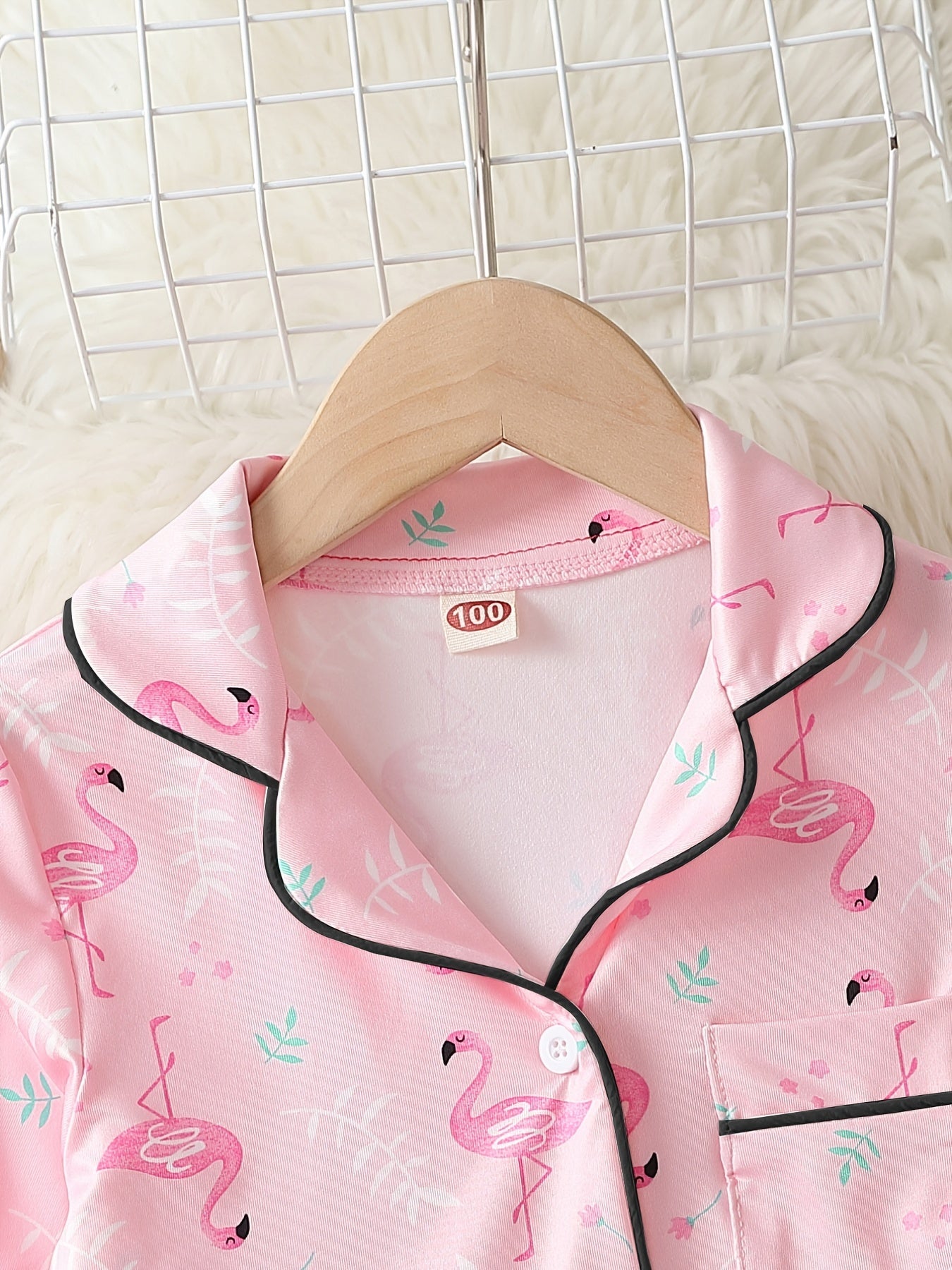 Girl's Flamingo Allover Print Pajamas Button Front Top & Pants Set