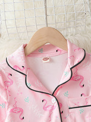 Girl's Flamingo Allover Print Pajamas Button Front Top & Pants Set