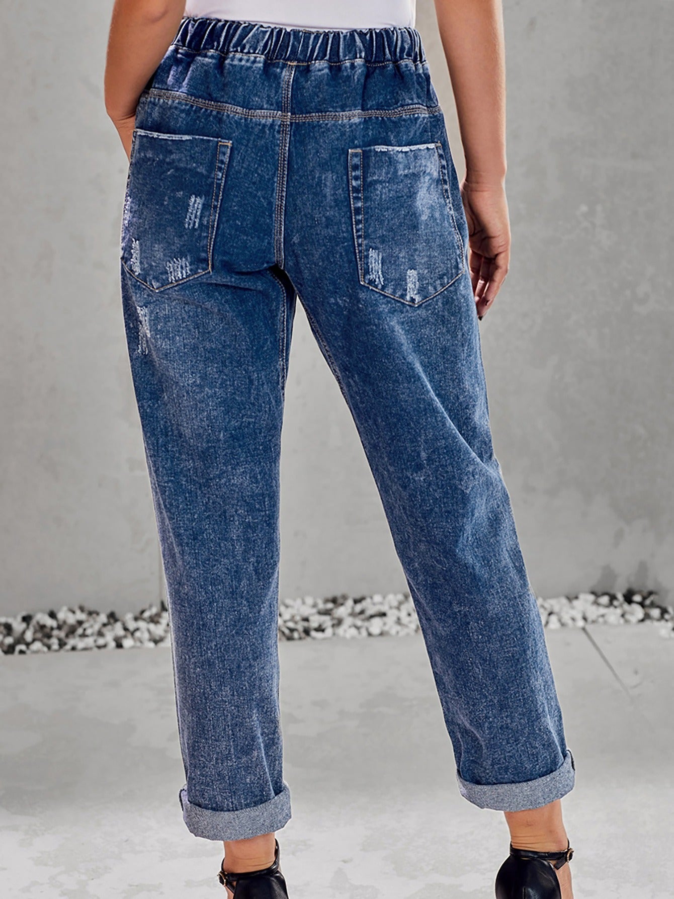 Distressed Drawstring Denim Pants Slash Pockets Ripped Jeans
