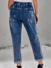 Distressed Drawstring Denim Pants Slash Pockets Ripped Jeans