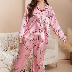 Heart & Letter Print Pajama Set Long Sleeve Top & Pants Pyjama