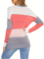 V Neck Eyelet Sweater Long Sleeve Block Casual Sweater