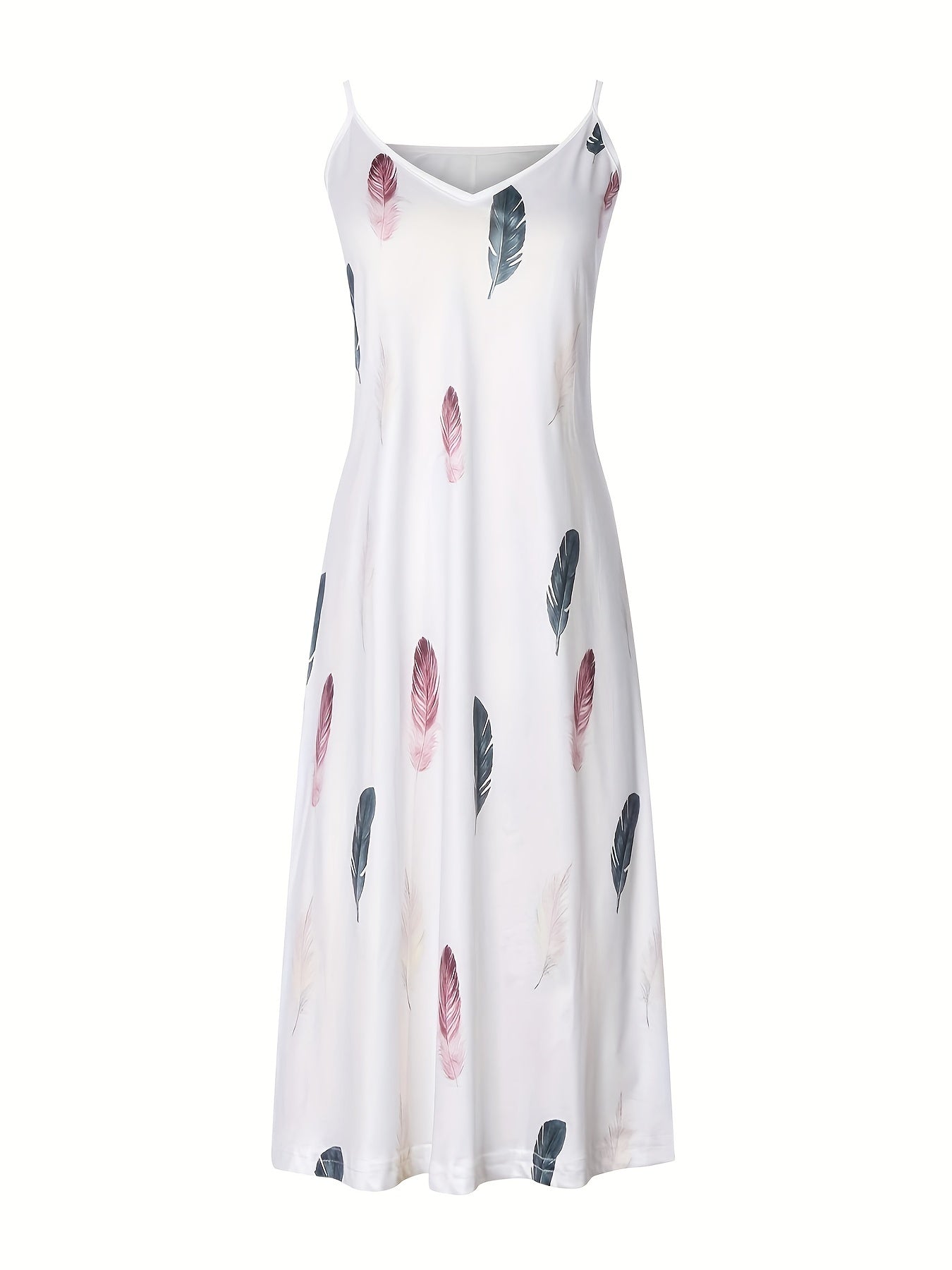 Casual Cami Dress V Neck Feather Print Max