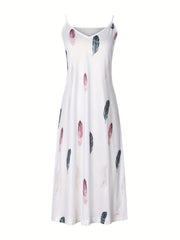 Casual Cami Dress V Neck Feather Print Max