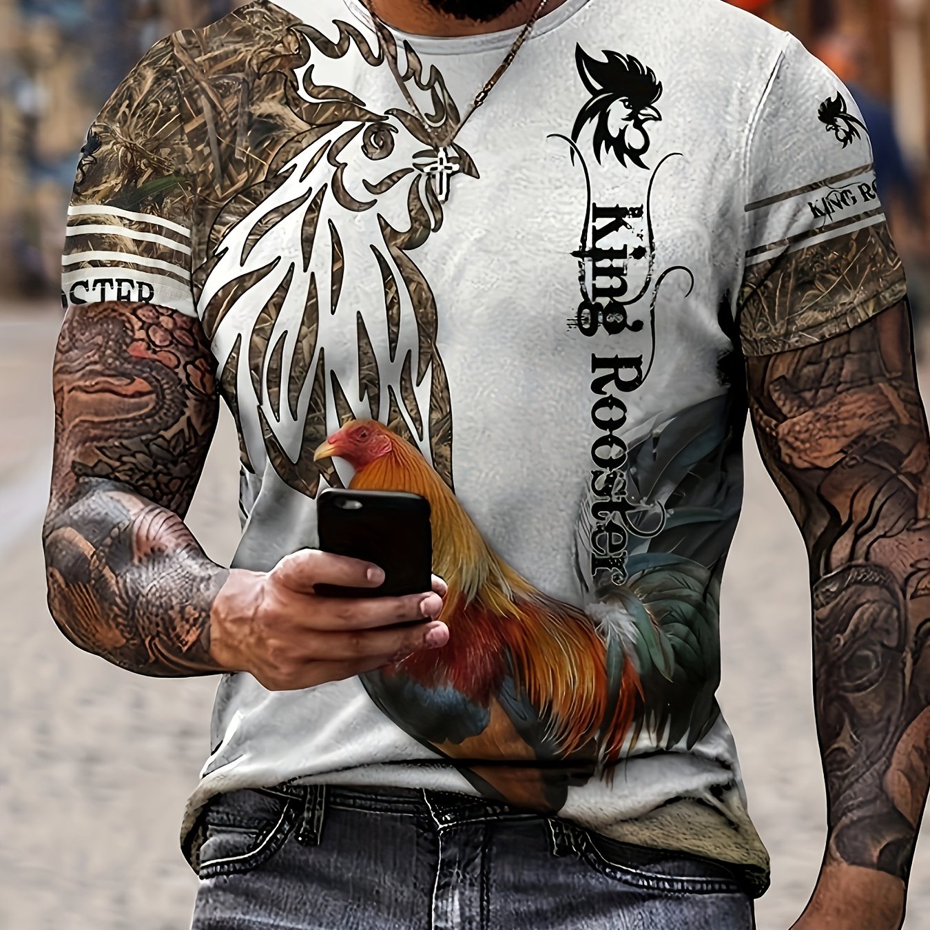 Rooster Pattern Print Men's Short Sleeve Comfy T shirt Graphic Tee