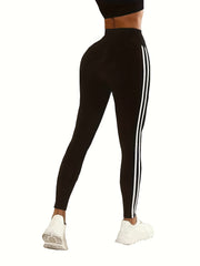 High Waist Sports Leggings with Striped Side - Women's Activewear