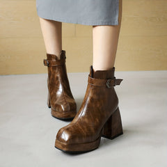 Women's Crocodile Ankle Boots Block Heel Side Zip Buckle Strap Retro Short Boots
