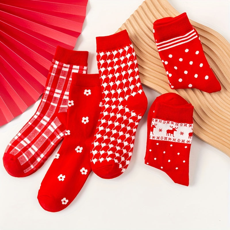 5 Pairs Floral Dot & Plaid Print Socks Christmas Women's Stockings