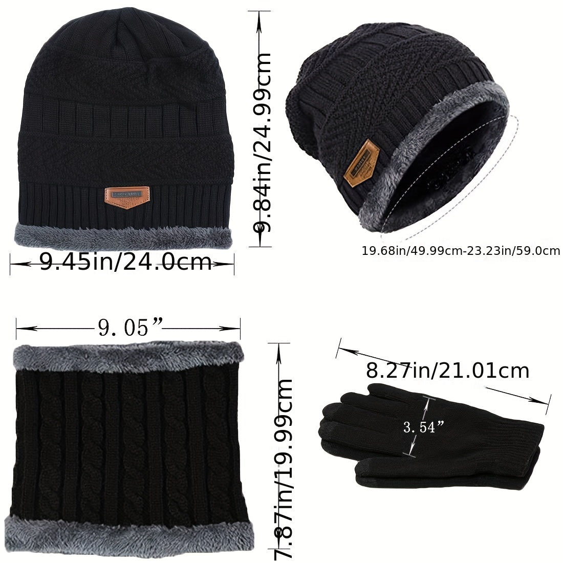 Winter Beanie Hat Scarf Gloves Set Warm Fleece Knit Touch Screen