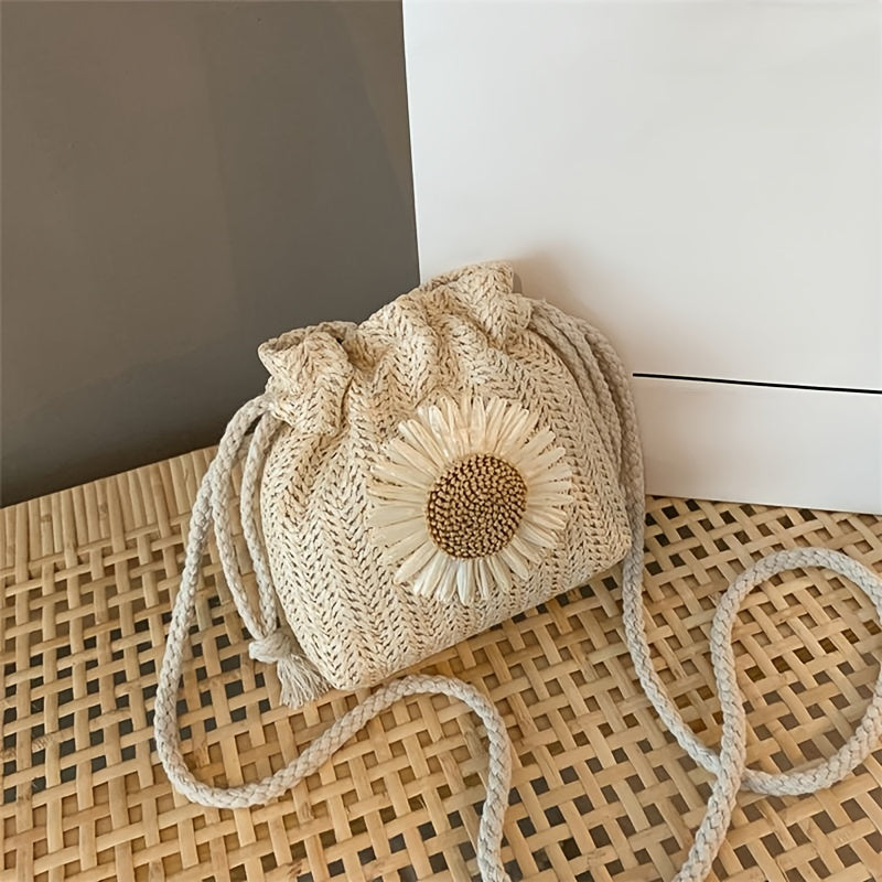 Girls Sunflower Straw Crossbody Bag Mini Beach Shoulder Bag