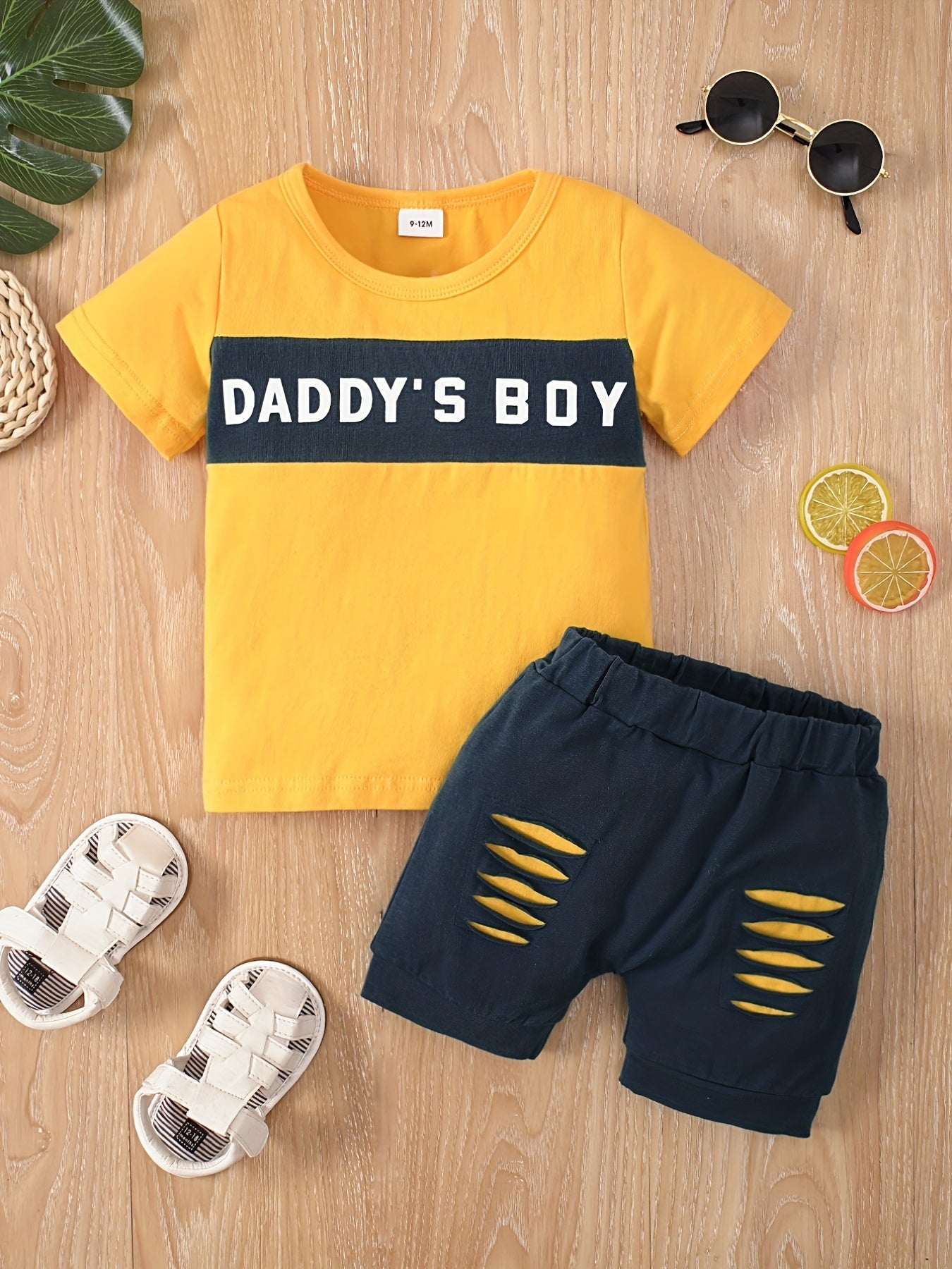 Cotton DADDY' BOY Block Tee Top Ripped Shorts Set