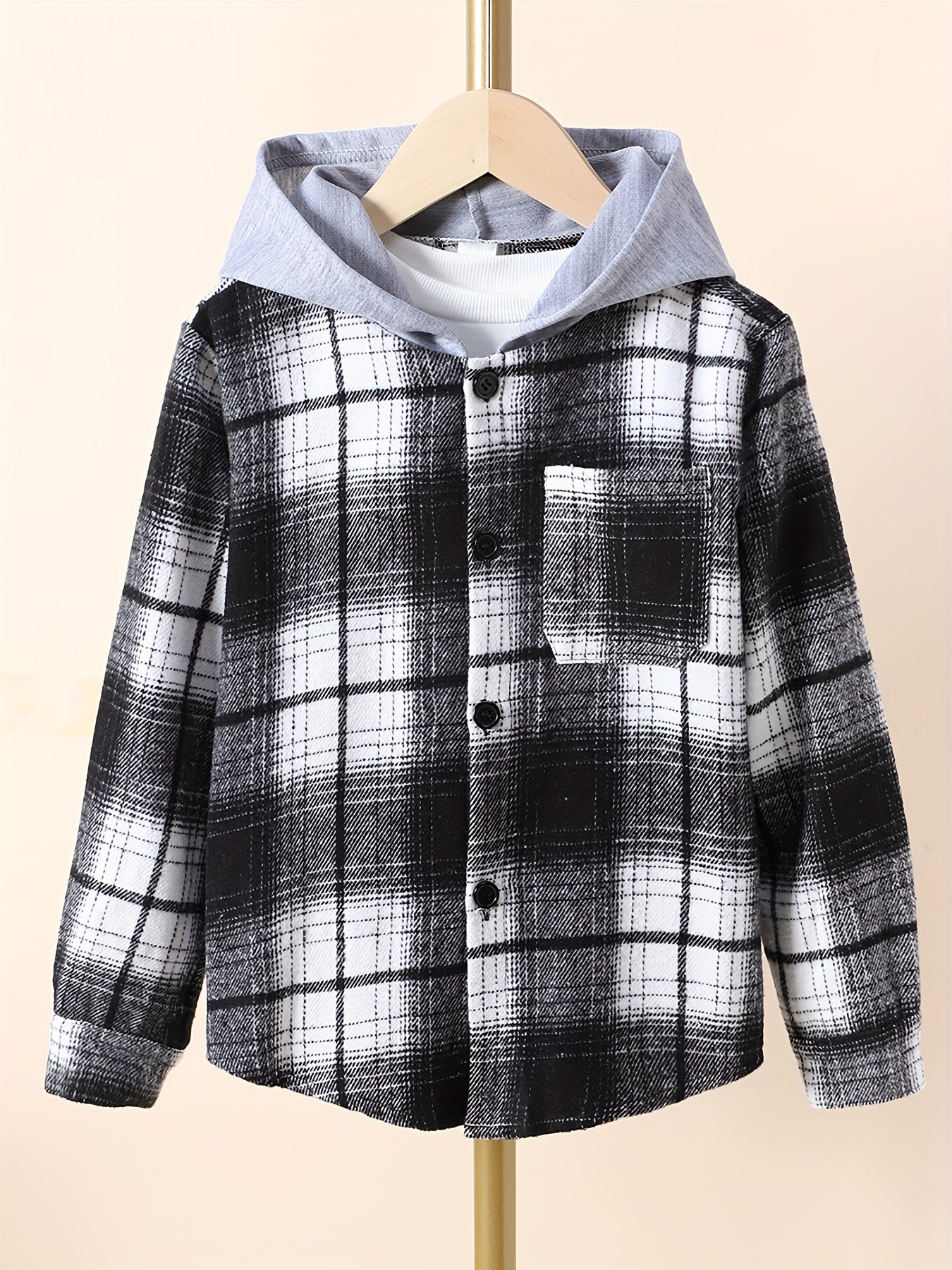 Boys Plaid Shirts Long Sleeve Hooded Tops Spring Fall Outwear