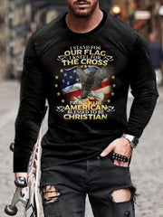 Flag And Eagle Print Men's Graphic T-shirt Autumn Pullover
