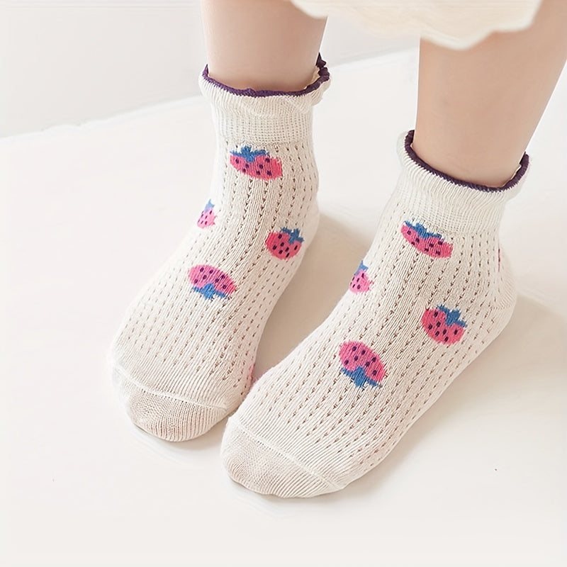Girls 5 Pairs Breathable Crew Socks with Strawberries and Flowers
