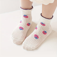 Girls 5 Pairs Breathable Crew Socks with Strawberries and Flowers